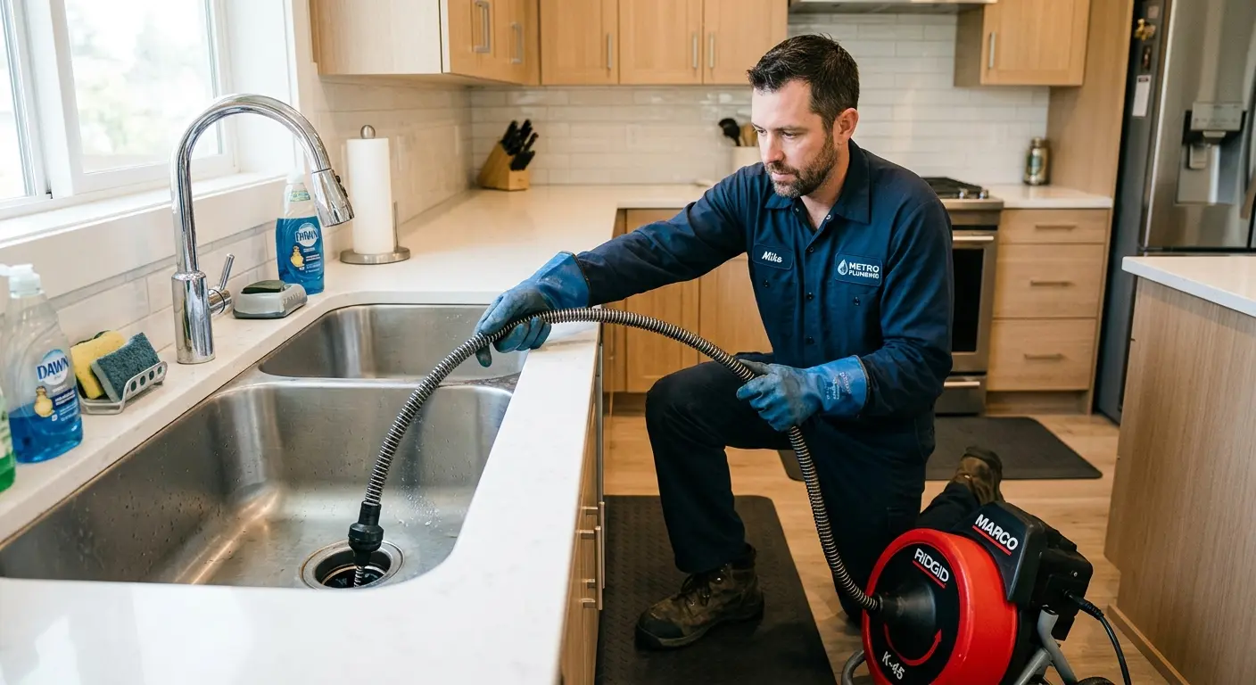 Drain cleaning technician using a motorized snake on a kitchen sink in Martinsville