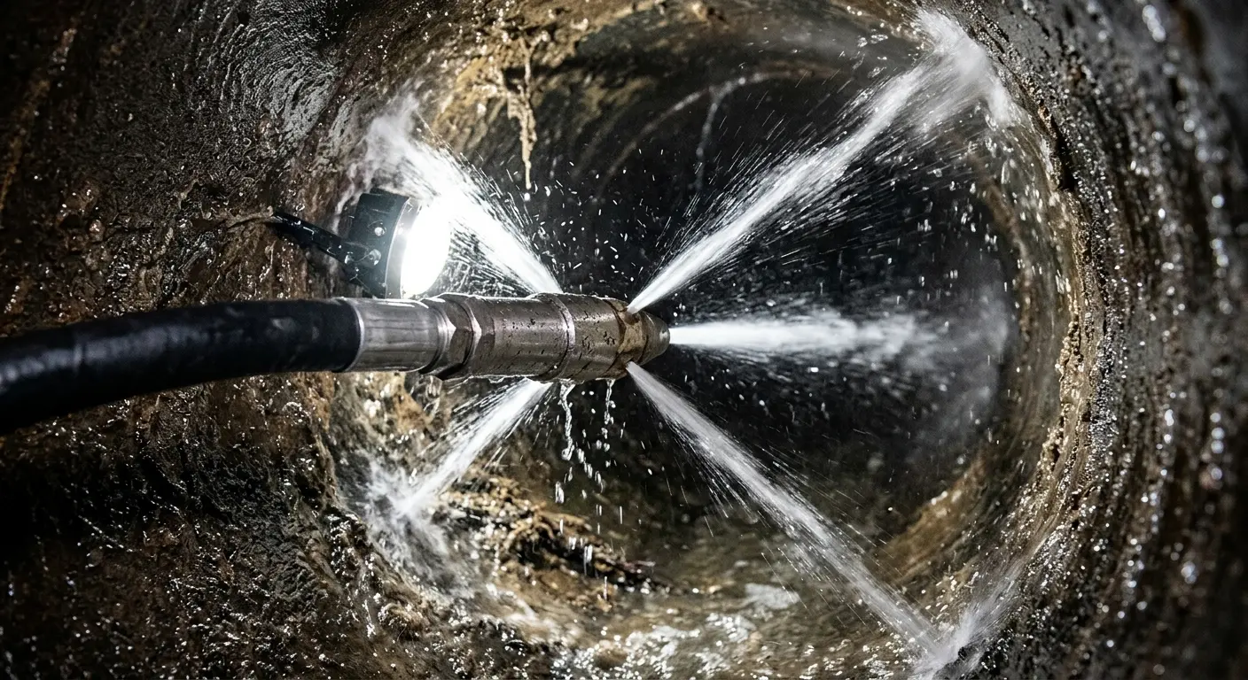 High-pressure hydro jetting nozzle cleaning sewer pipe for Trenchless Sewer Repair in Martinsville